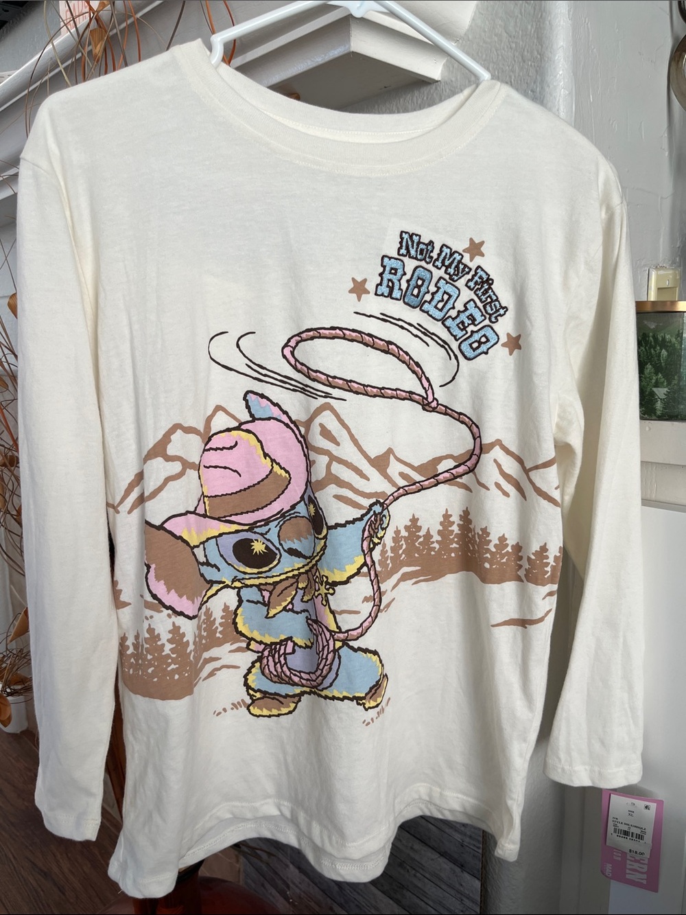 Disney Cream Long-Sleeve Tee with Pink & Blue Stitch Rodeo Graphic
